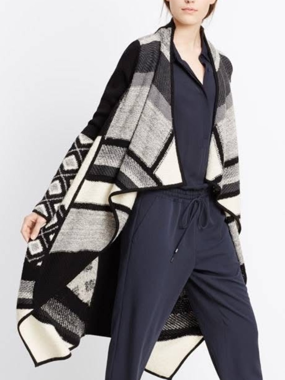 Vince Black White Gray Abstract Longline Open Cardigan Wool Alpaca Bohemian